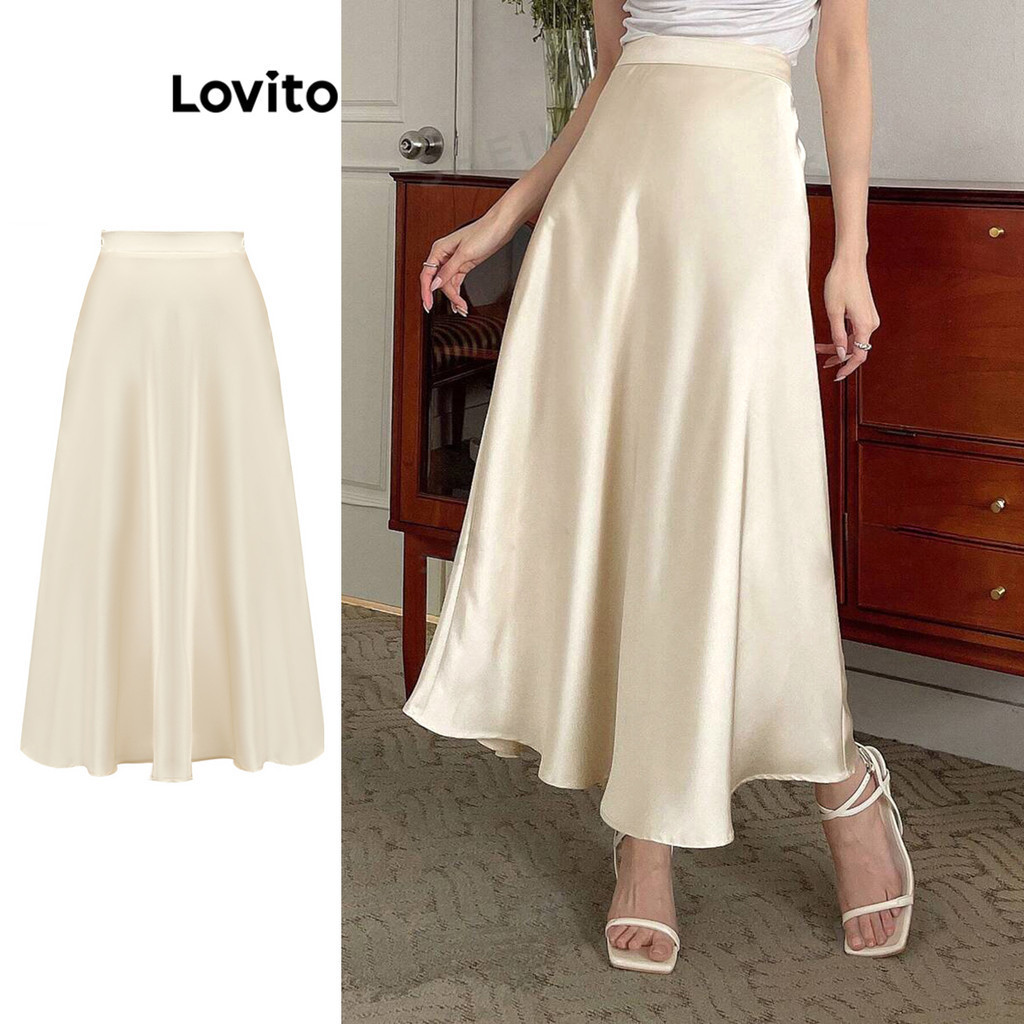 Lovito กระโปรงผู้หญิง เนื้อสัมผัสเรียบลื่น สีพื้น สไตล์หรูหรา L87ED132