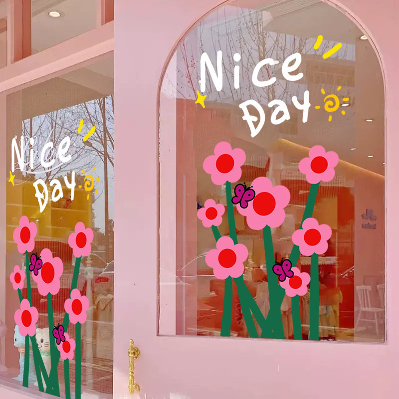 อิน ดอกไม้สีชมพูผีเสื้อตกแต่งสติกเกอร์ประตูกระจกไฟฟ้าสถิตร้านขายเสื้อผ้ากระจกหน้าต่างสติกเกอร์น่ารัก