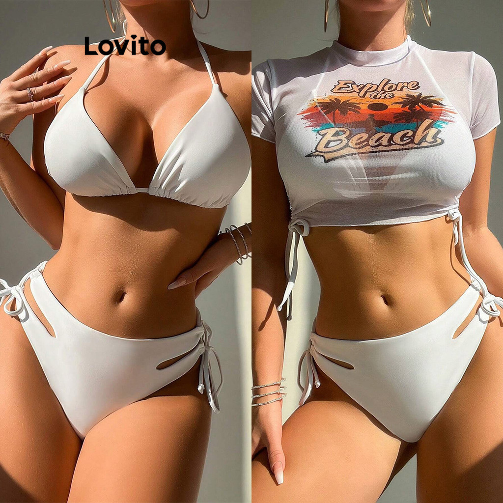 Lovito ชุดเซ็ทบิกินี่ผู้หญิง แต่งคัตเอาท์ พิมพ์ลายการ์ตูน สไตล์ลำลอง LNE60538