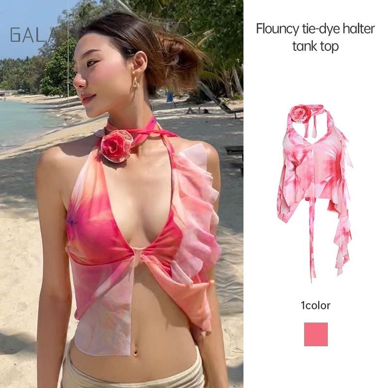 สไตล์วันหยุด Ruffled Vest Patchwork Tie ฤดูร้อนเปลือยคอด้านบน