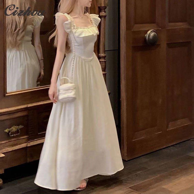 Cizhou Ruffled dress , กระโปรงยาวทรงเอเอวสูงทรงเอ