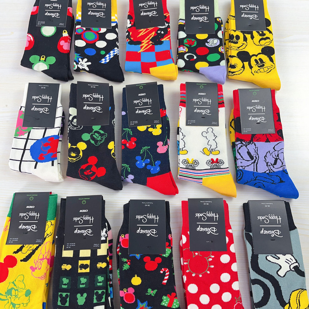 Happy Womens Mickey Socks HAPPY Leather Thin Style All-Match Pure Cotton Mid-Tube Womens Socks ins Street Wear Cartoon Calf Socks