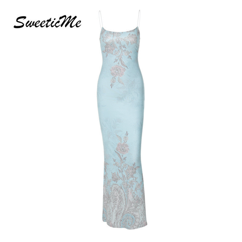 Sweeticme ชุดสตรี 2024 ใหม ่ แฟชั ่ น Retro พิมพ ์ เซ ็ กซี ่ Slim Fit วันหยุดชุดยาว