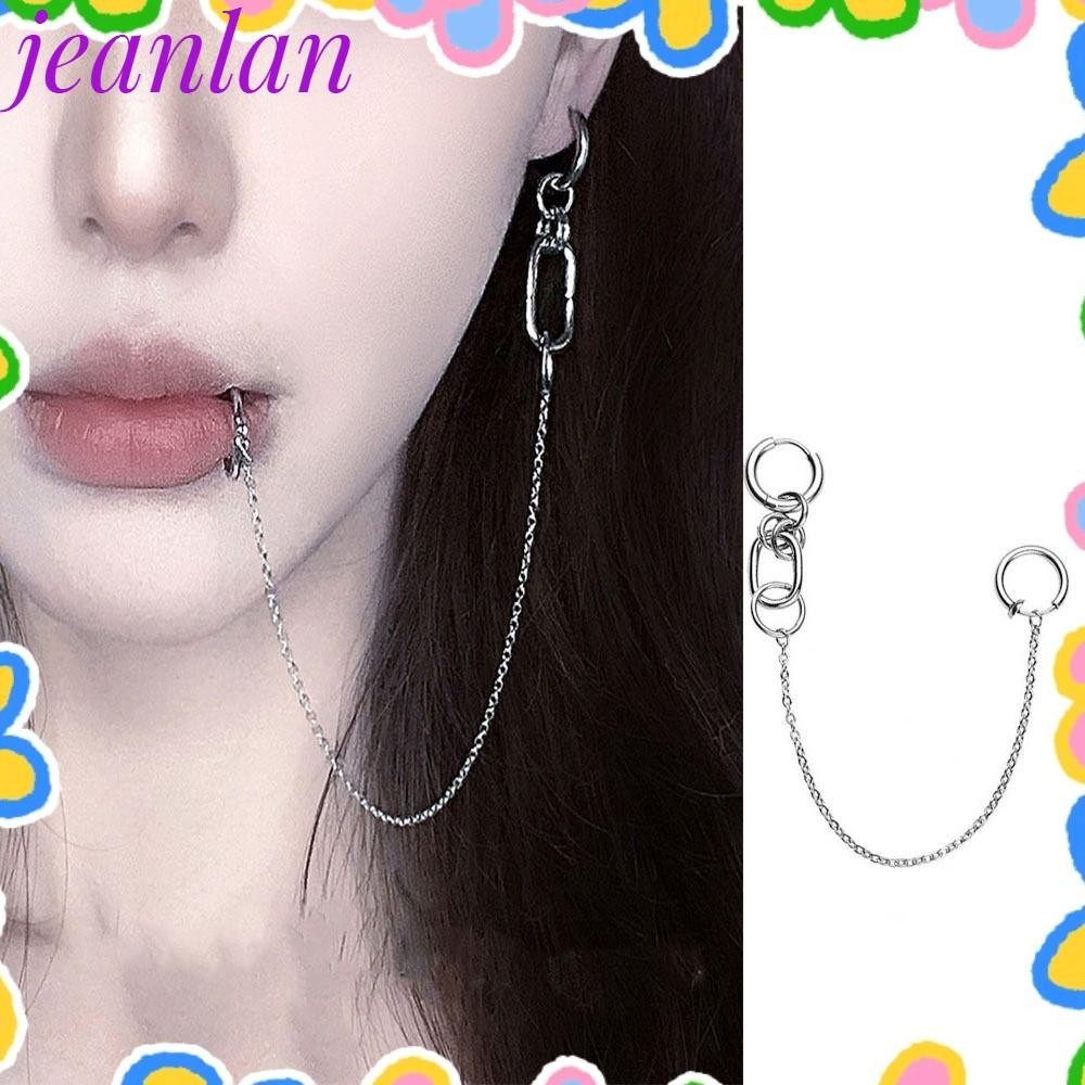 Jeanlan ต่างหูปลอม โซ่ยาว ไม่ต้องเจาะ จิวปาก สไตล์พังก์ บุคลิกภาพ โลหะ เจาะ ต่างหูผู้หญิง