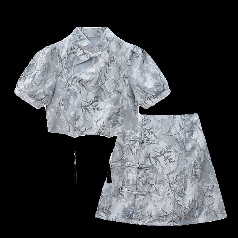 ชุดสูทสไตล์แห่งชาติผู้หญิง 2024 ใหม่สไตล์จีนปรับปรุง กี่เพ้า แขนสั้นด้านบนเอวสูงกระโปรง บาง-พอดี ชุดสองชิ้น 6.29 - รูปที่ 3