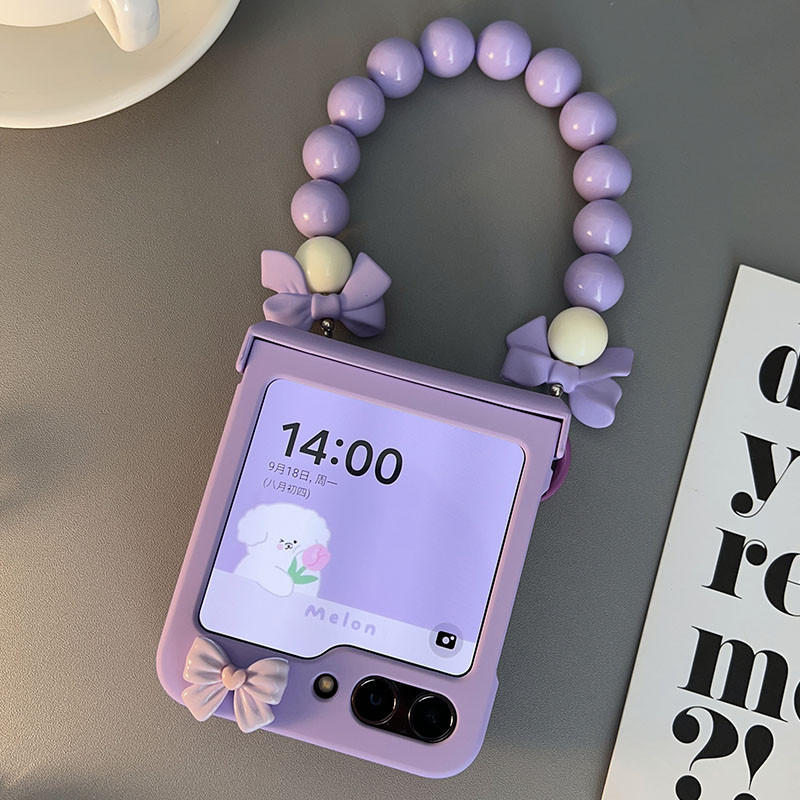 สร้อยข้อมือลูกปัดโบว์น่ารักบานพับสีม่วงเคสโทรศัพท์สําหรับ Samsung Galaxy Z Flip 6 5 4 3 Flip4 Zflip5 ฝาครอบ