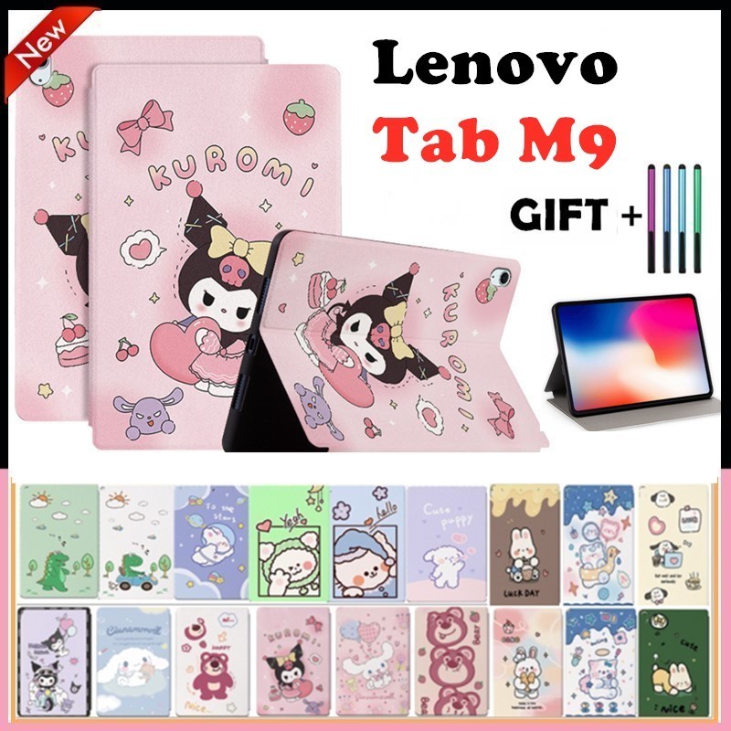 สําหรับlenovo Tab M9 (TB310XU TB310FU) 9 "2023 Smart Standเด็กน่ารักการ์ตูนRUBbit Kuromiสตรอเบอร์รี่หมีกรณีสีชมพูPUหนังกันกระแทกFlip Shell Cover
