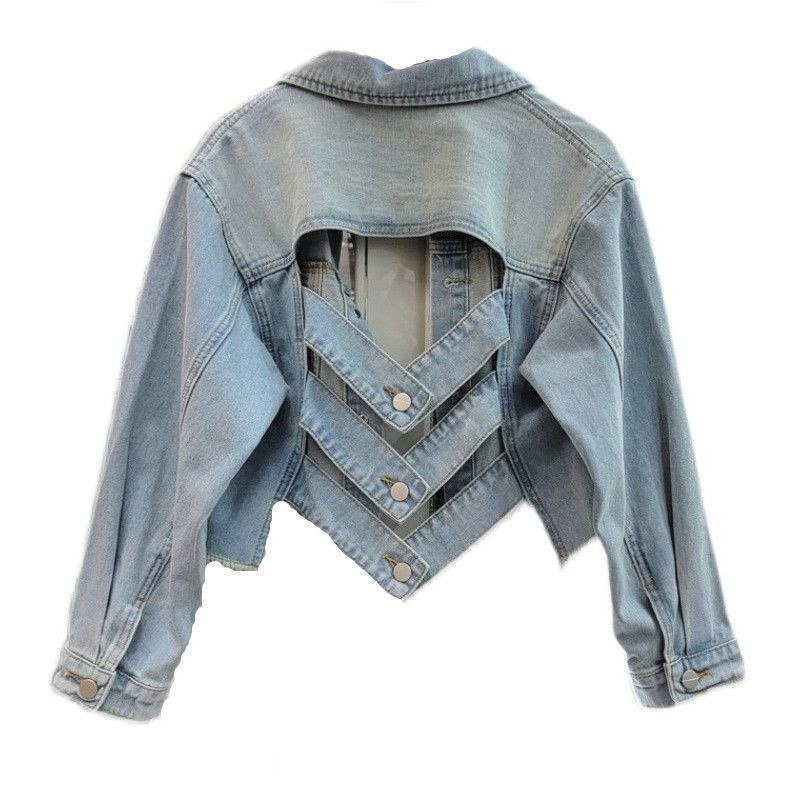 Back Hollow Denim Coat Niche Design Sense Fried Street 2023 Short Top Womens Bl Arcade Bralette Wome