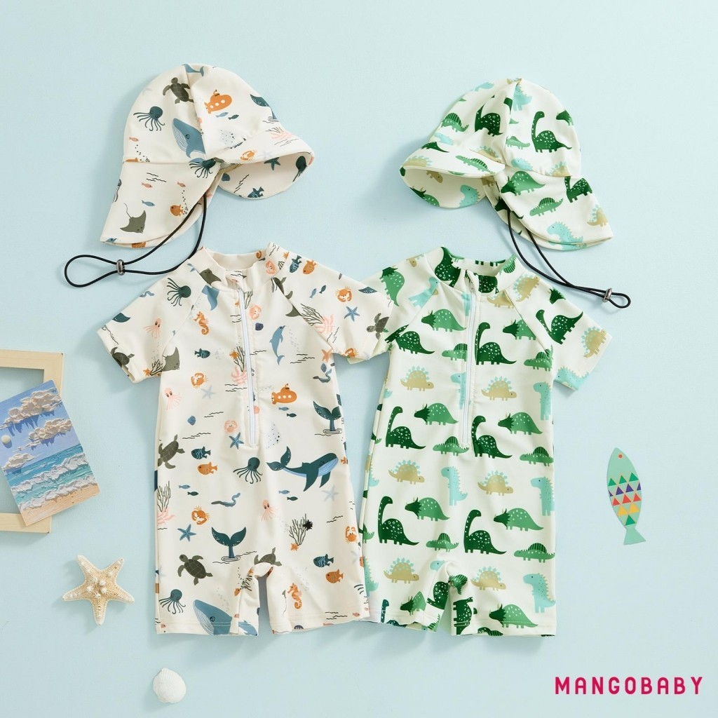 (จัดส่งในกรุงเทพฯ)-toddler ชุดว่ายน้ําเด็กผู้ชายป้องกันแสงแดดแขนสั้น Crewneck พิมพ์สัตว์ซิปชุดว่ายน้ําพร้อมหมวก