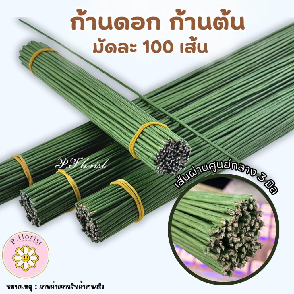 ก้านต้น ก้านต้น ขนาด 3 มิล มัดละ 100เส้น ก้านดอกไม้ ก้านปลอม ก้านต้นสีเขียว