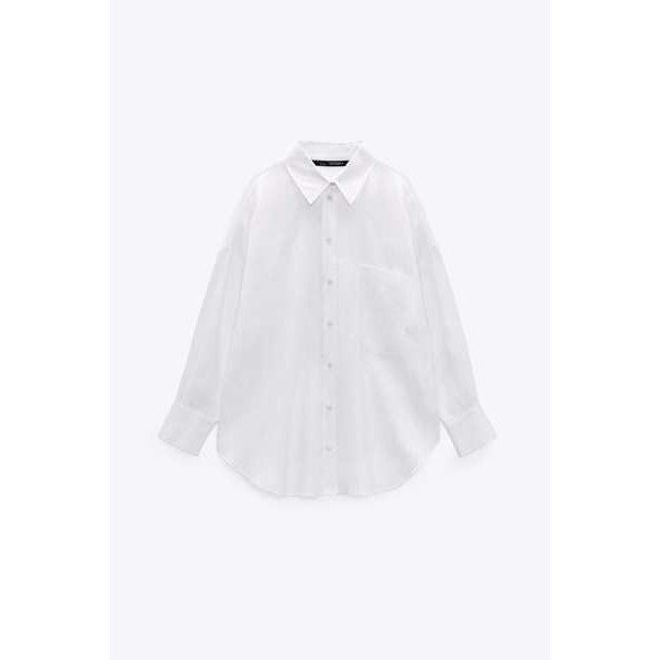 เสื้อ zara แท้ เสื้อ zara ZARA ฤดูร้อนใหม่ผู้หญิงกระเป๋าสีขาวหลวมตรงเสื้อเชิ้ตแขนยาวผ้าลินิน8372034 250