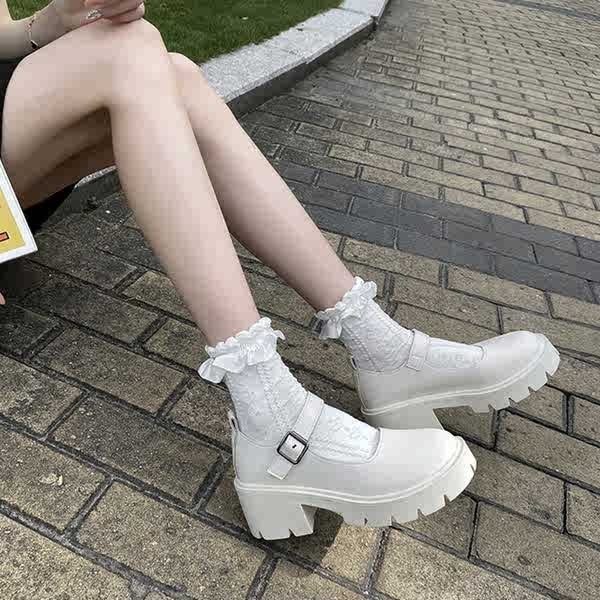 รองเท้าแมรี่เจน รองเท้านักเรียนผู้หญิง White Mary Jane รองเท้าหนังขนาดเล็กผู้หญิง 2024 ฤดูใบไม้ผลิฤดูร้อนสไตล์อังกฤษฝรั่งเศสนิ้วหัวแม่เท้าแพลตฟอร์มส้นญี่ปุ่น JK รองเท้าเดี่ยว