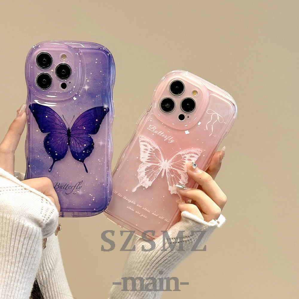 BLD| เคส สำหรับ Vivo Y03 Y18 Y19S Y28 Y28S Y38 Y58 Y73 Y76 Y78 Y100 Y200 V5 V5s V5 Lite V9 V15 V17 Pro V19 Neo V20 V21E V23 V23E V25 V25E V27 V27E V29 Lite V29E V30 V40 Pro V30E Soft Glossy Dream สีม่วงสีชมพูภาพวาดหมึกผีเสื้อ Wave Edge Case
