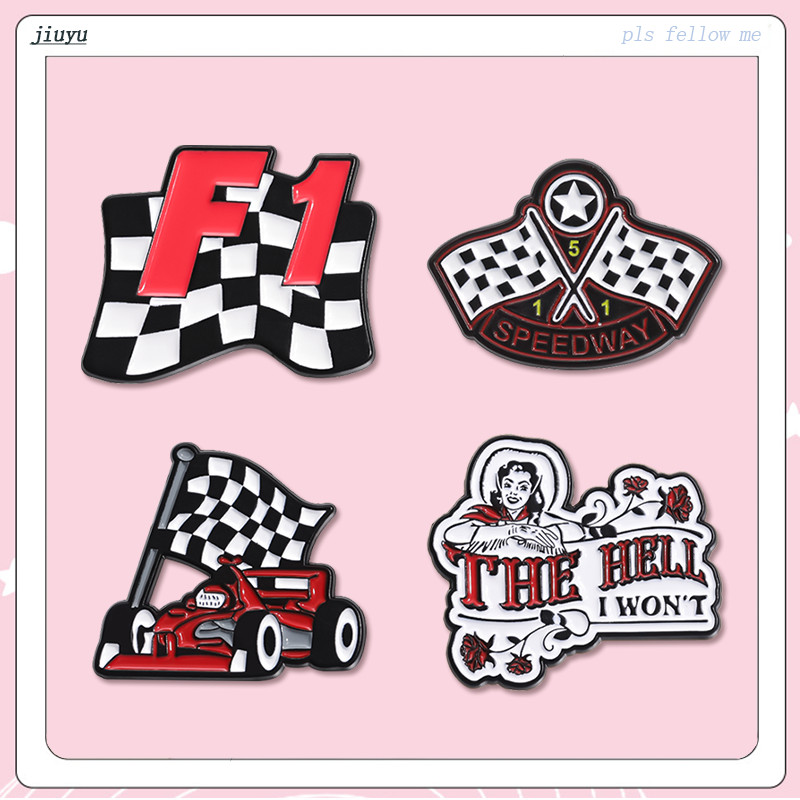 Formula Racing F1 Chequered Flag Pin เข็มกลัดรถ Champion Badge เข็มกลัด Checkerboard Lapel ข้อความสร้างสรรค์ The Hell I Wont Pin Raceway เครื่องประดับของขวัญ