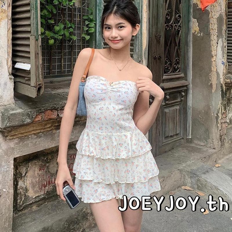 Joeyjoy-ชุดเดรสฤดูร้อนผู้หญิงฤดูร้อนพิมพ์ลายดอกไม้backless Layered Ruffle เดรสเกาะอกสําหรับวันหยุดชายหาด
