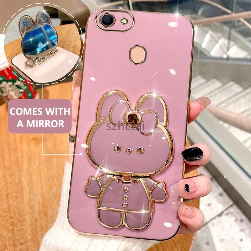 โทรศัพท์มือถือชุบหรู oppo f5 oppo f7 น่ารักรูปกระต่ายกรณีโทรศัพท์กับ 360 องศาหมุนผู้ถือกรณีกับกระจกเ
