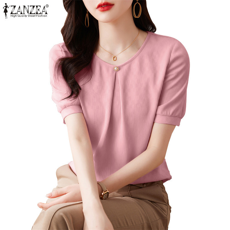 Zanzea ผู ้ หญิงเกาหลี O-คอจีบแขนสั ้ นตกแต ่ งปุ ่ มเสื ้ อ