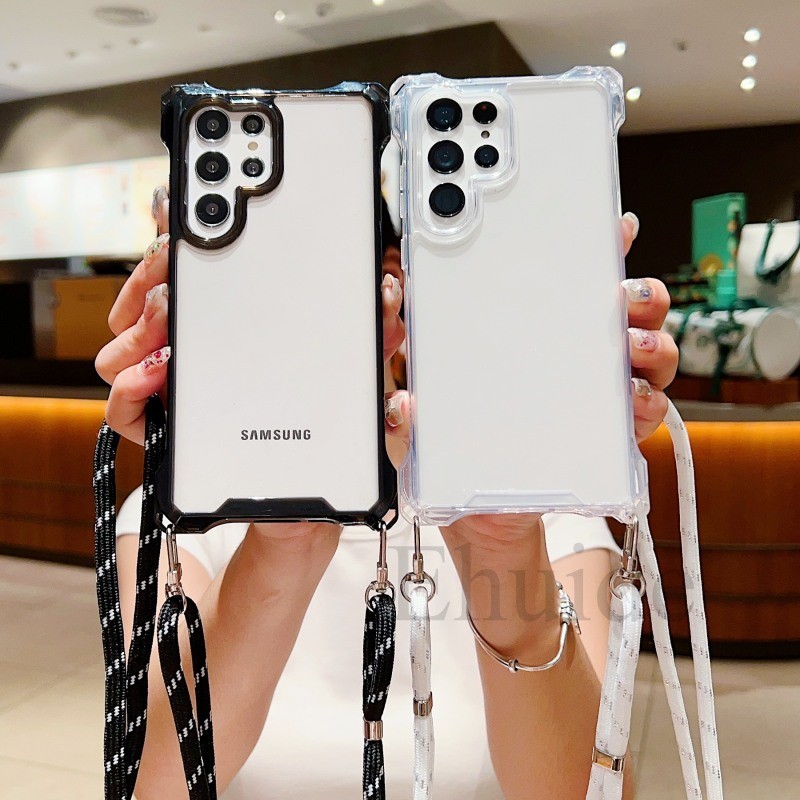 Samsung Galaxy S24 S23 S22 Ultra Plus S23 S21 S20 FE A55 A35 A15 A54 A13 A34 4G 5Gสี่มุมสายคล้องกรณีCrossbodyสายLanyardกันกระแทกฝาครอบใส