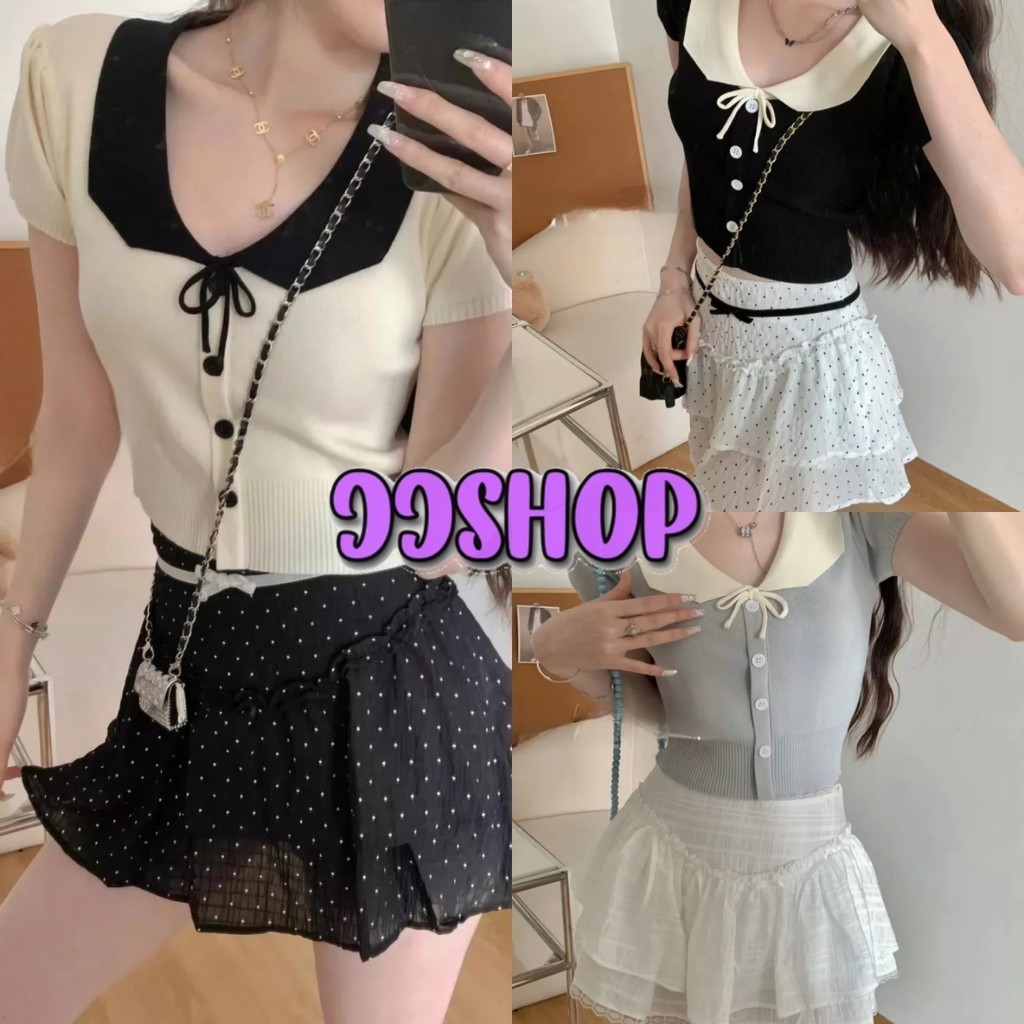JJ Shop​💜​พร้อมส่ง เสื้อยืดไหมพรมแขนสั้น คอปก น่ารักมาก ทรงรัดตัว เรียบร้อย "83228"