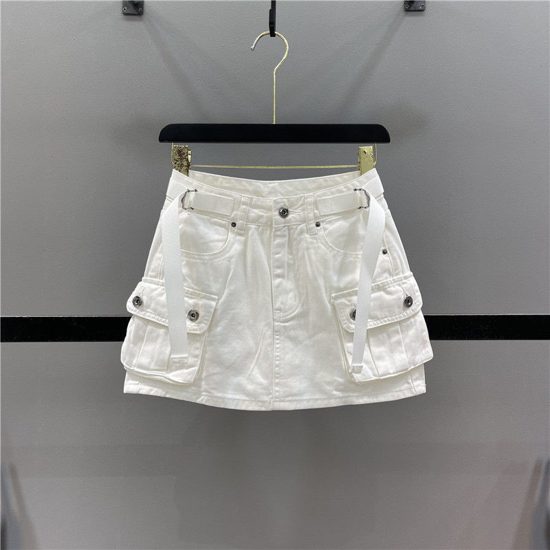 ทหารสีเขียว workwear กระโปรงยีนส์สั้นสำหรับผู้หญิงฤดูร้อนใหม่ป้องกันการสัมผัสเอวสูง A-Line กระโปรงคลุมสะโพก