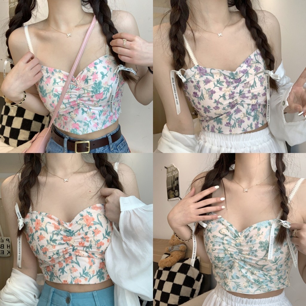 Anne เสื้อกล้ามผู้หญิง ซับใน ลายดอกไม้ ลูกไม้ แขนกุด ครอปกล้าม ใส่ไปทะเล #19100