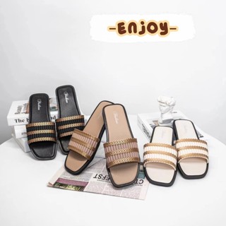 🍓EnJoy🍓 พร้อมส่ง (LT-J985) รองเท้าแตะสวม ดีเทลลายคาด 3เหลี่ย…