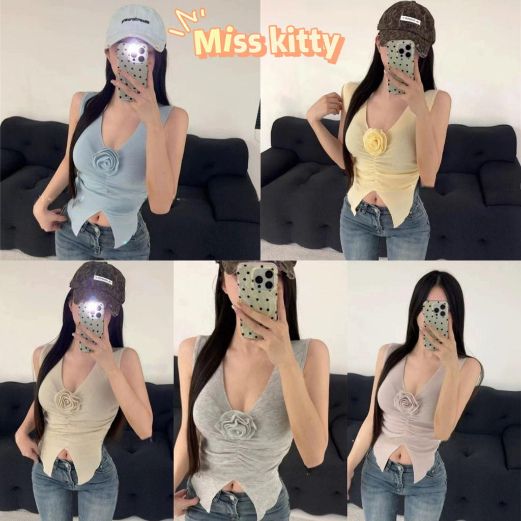 Miss Kitty จัดส่งที่รวดเร็ว เสื้อไปทะเล คอวี ดีเทลติดดอกไม้ สีพื้นหลายลายสี,เสื้อกล้ามผู้หญิง เซ็กซี่ *47288-2*