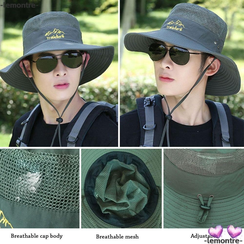 Lemontre หมวกบักเก็ต ผู้ชาย ปีกกว้าง ปักลาย หมวกกันแดด