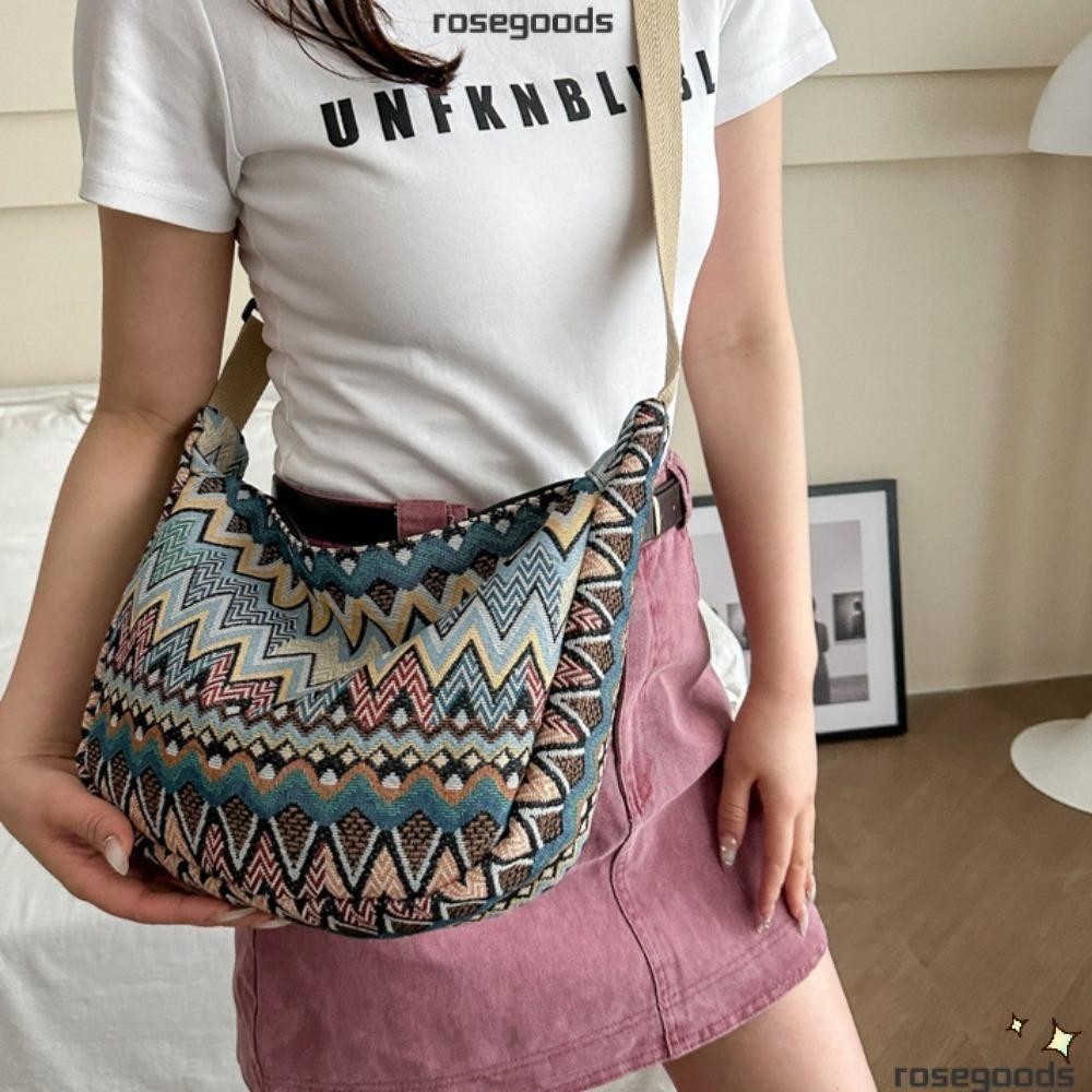 Rose Canvas Bag, กระเป ๋ าลําลองความจุขนาดใหญ ่ 2024 Retro กระเป ๋ าสะพายอินเทรนด ์ Lady
