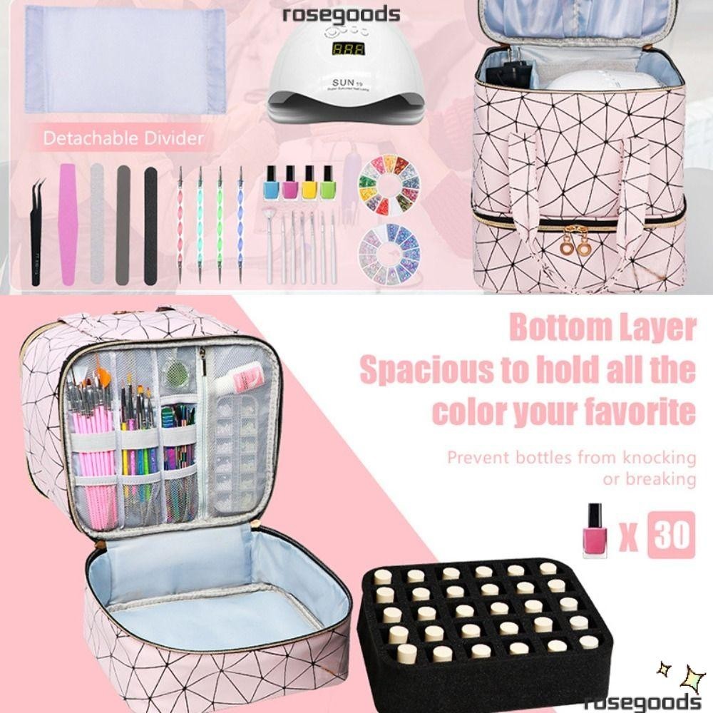 Rose ที่เก็บเล็บ, PU ไนลอน Double Layer กระเป๋าเล็บ, 30 กริดกระเป๋าถือพร้อมที่จับเครื่องสําอางค์กระเป๋าเล็บเจล