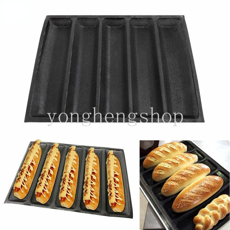 5 Cavity Perforated Non-Stick แม่พิมพ์อบขนมปังฝรั่งเศสถาด Baguette Mould Liners Mat ถาดอบนํากลับมาใช้ใหม่ห้องครัว DIY Bakeware
