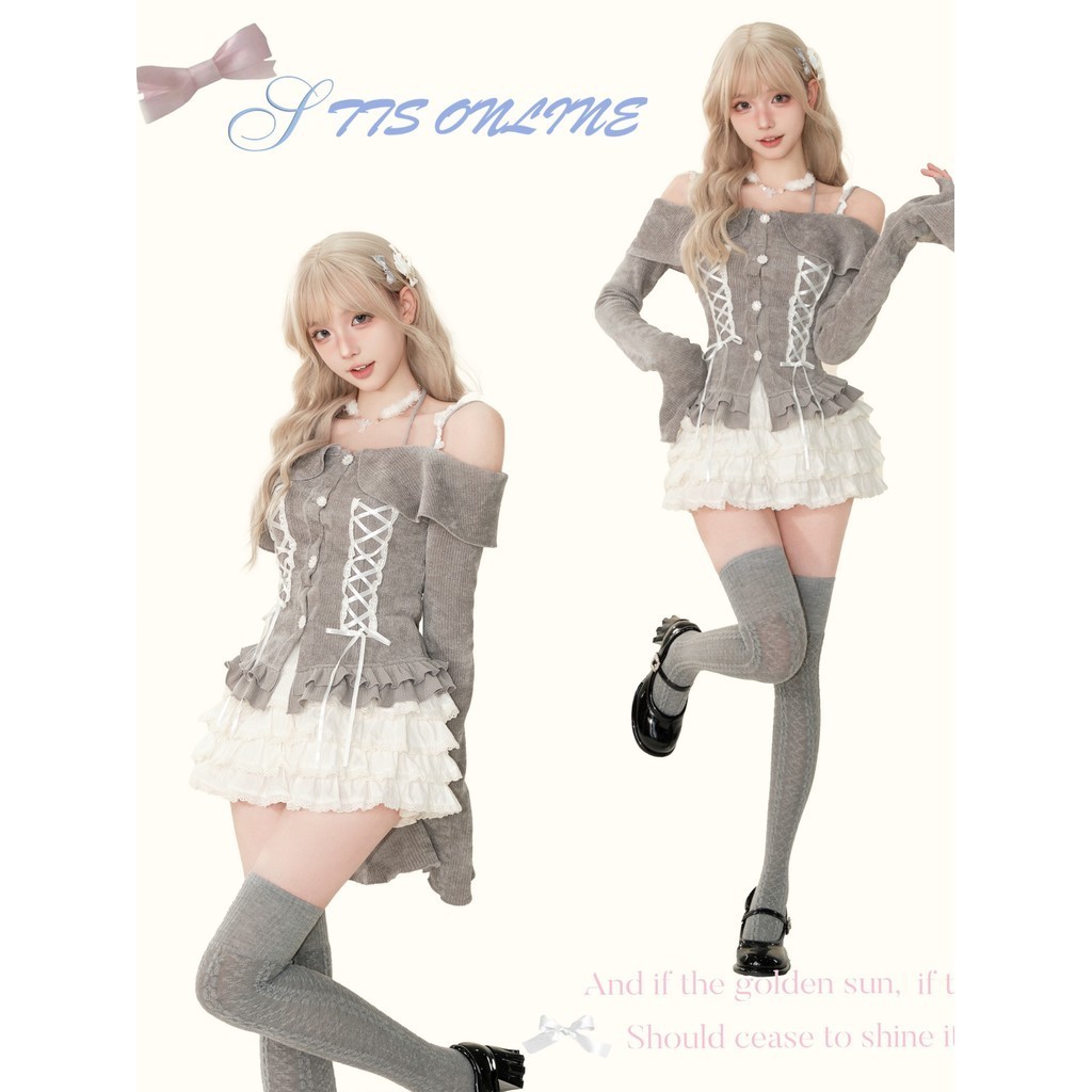 TTS🍒เสื้อถักคล้องคอไหล่เดียว ชุดกระโปรงเค้กแสนหวานสำหรับเด็กผู้หญิง