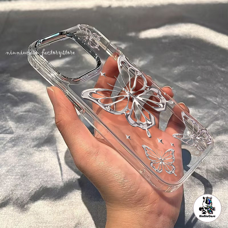 ลายผีเสื้อสีเงิน รูปแบบสาวหยิก For iPhone 11 13 12 14 15 Pro Max X XR XS 7 8 Plus เคส รูปแบบโปร่งใส ซิลิโคนนุ่มกันกระแทก - รูปที่ 4