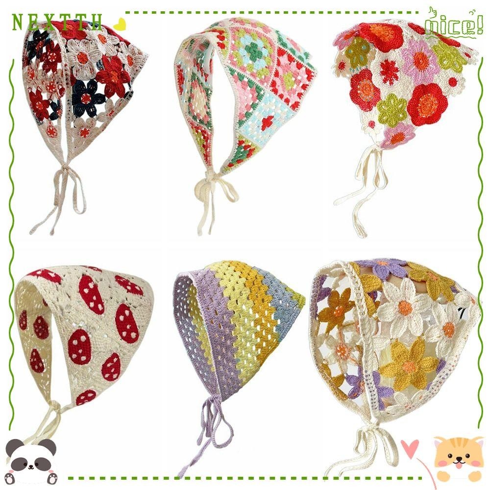 Nextth โครเชต์สามเหลี่ยม Headscarf, French Retro Multicolor ถักดอกไม้แถบคาดศีรษะ, ของขวัญ Little Daisy Photo Props อุปกรณ์เสริมผมผมผู้หญิงหญิง