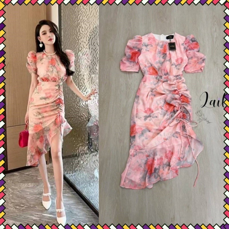 Laila S-XL Dress เดรสลายดอกสีชมพูสวยหวาน ชุดเดรสสวยๆ