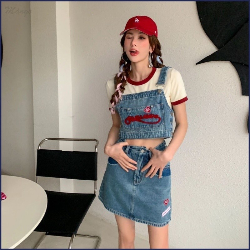 ชุดสูทสามชิ้นฤดูร้อนหวานสไตล์ร้อนสาวร้อน Denim Camisole ผู้หญิงแขนสั้นเสื้อยืดกระโปรงยีนส์เย็น