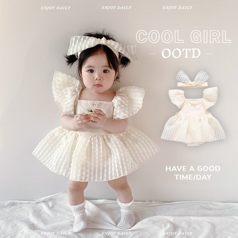 ฤดูร้อนใหม่เสื้อผ้าเด็กสาวแขนสั้นบอดี้ซูต + แถบคาดศีรษะ 0-24 เดือนเด็กสไตล์เจ้าหญิงสุดน่ารัก ชุดรอมเปอร์ กระเป๋ากระโปรงผายลมกับแถบคาดศีรษะ