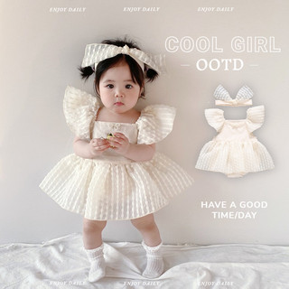 ฤดูร้อนใหม่เสื้อผ้าเด็กสาวแขนสั้นบอดี้ซูต + แถบคาดศีรษะ 0-24 เดือนเด็กสไตล์เจ้าหญิงสุดน่ารัก ชุดรอมเปอร์ กระเป๋ากระโปรงผายลมกับแถบคาดศีรษะ