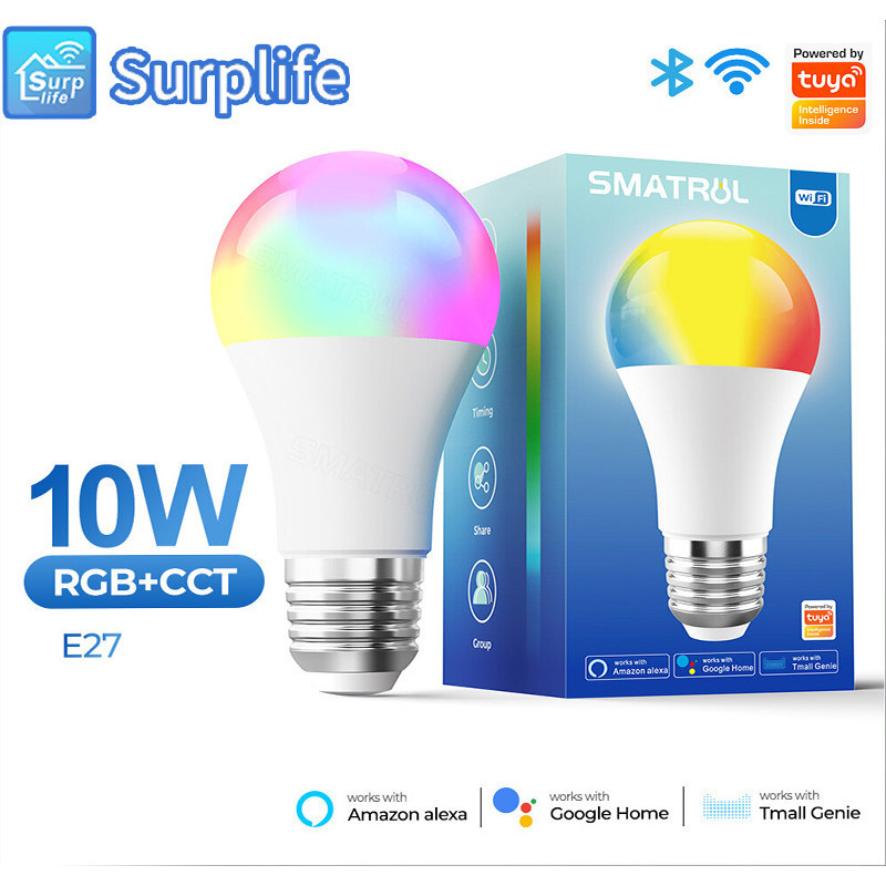 หลอดไฟอัจฉริยะ Surplife Bluetooth/WiFi Smart Light Bulb RGB E27 10W Dimmble ปรับสีได้ 16 ล้านสี ปรับระดับความสว่างได้