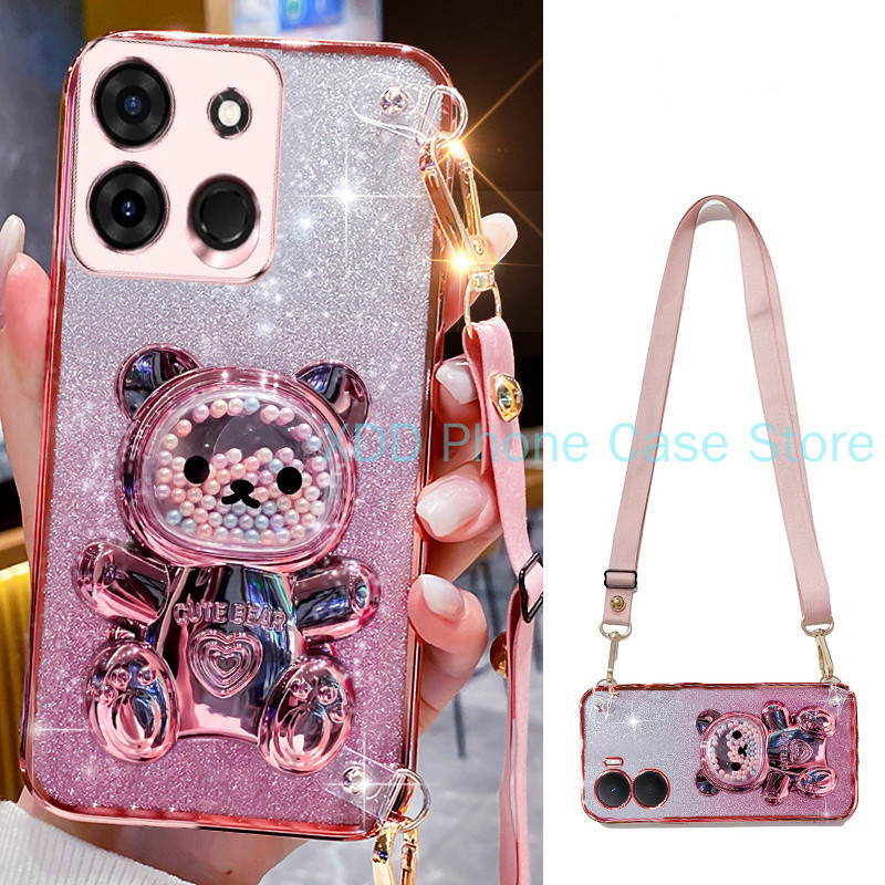 ปลอก infinix Smart 7 X6515 Tecno Spark GO 2023 BF7 POP 7 กรณีElectroplating โปร่งใส Glitter 3D Quicksand Bear Bracket เคสโทรศัพท์พร้อมCrossbody Lanyard