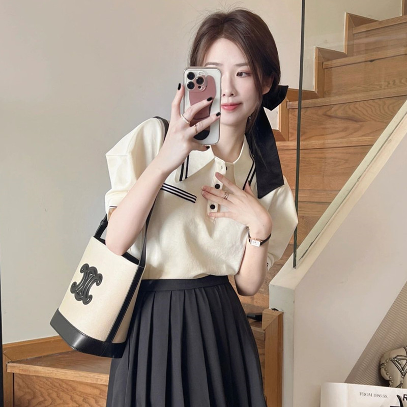 Solovely ผู้หญิงสไตล์เกาหลีผ้าฝ้ายเสื้อลายแขนสั้นเสื้อโปโลหลวม