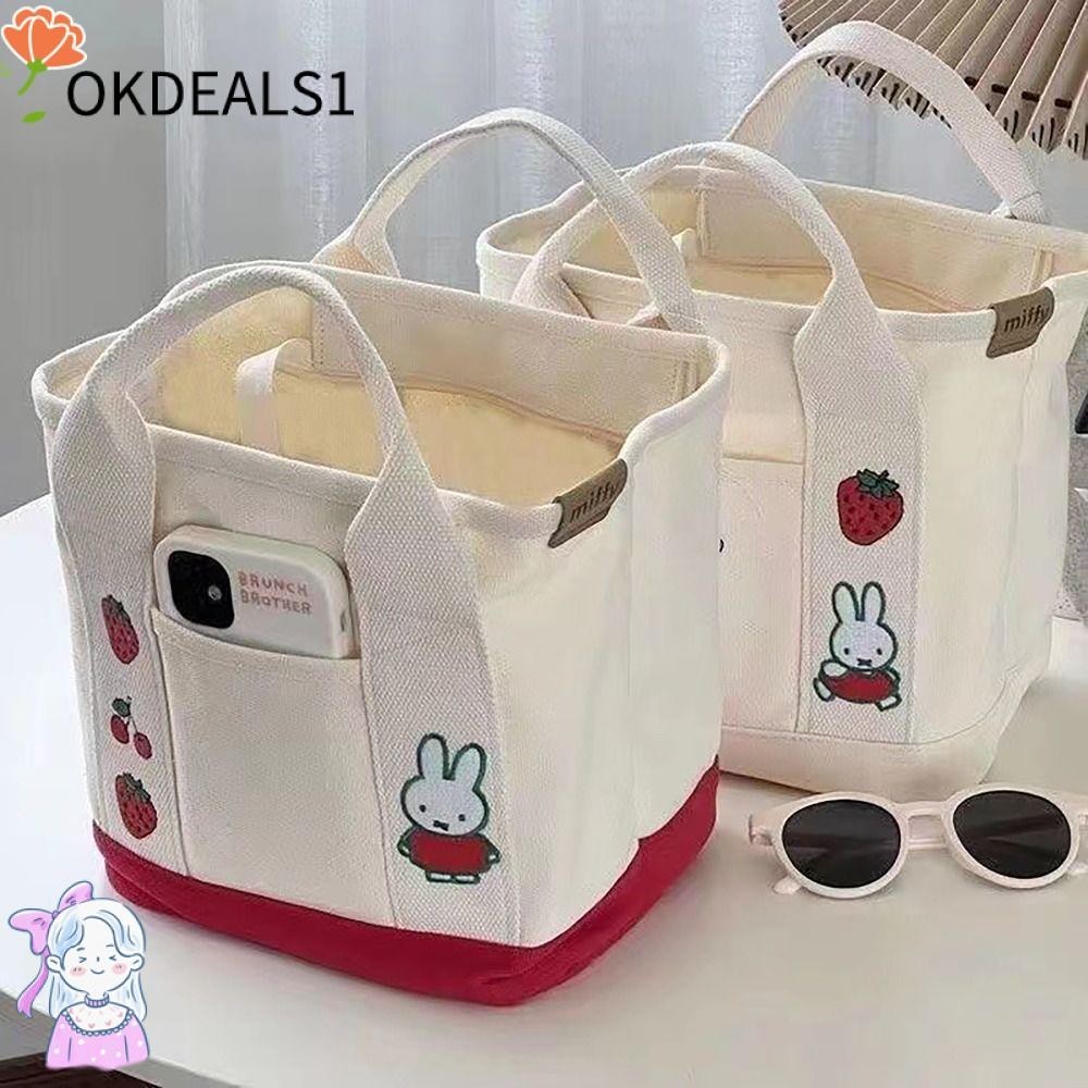 Dealshop กระเป๋าถือทรงถังผ้าใบหนามีกระเป๋าหลายช่องถุงอาหารกลางวันแบบพกพากระต่ายLotsoเย็บปักถักร้อยเอวกระเป๋าสาวสุภาพบุรุษ