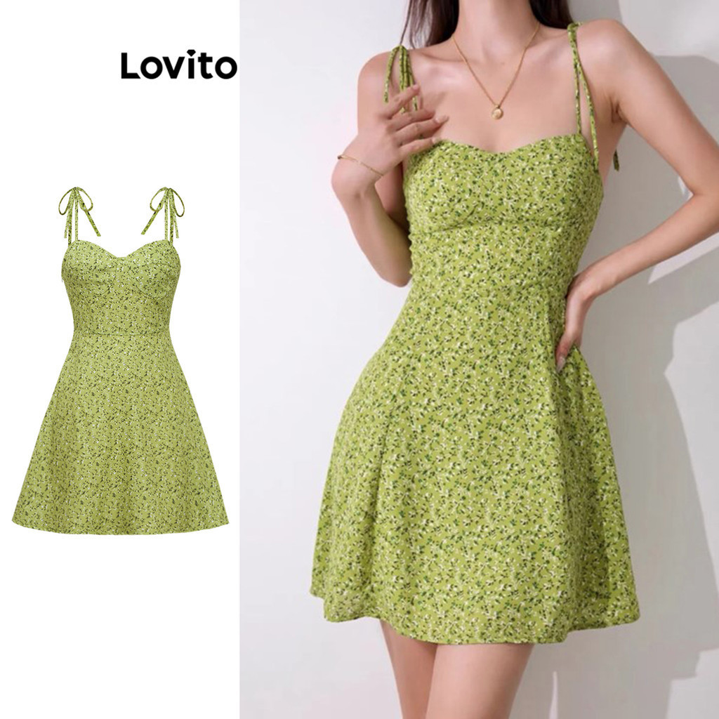 Lovito เดรสผู้หญิง ลายดอกไม้ ผูกหน้า สไตล์โบโฮ L92AD003