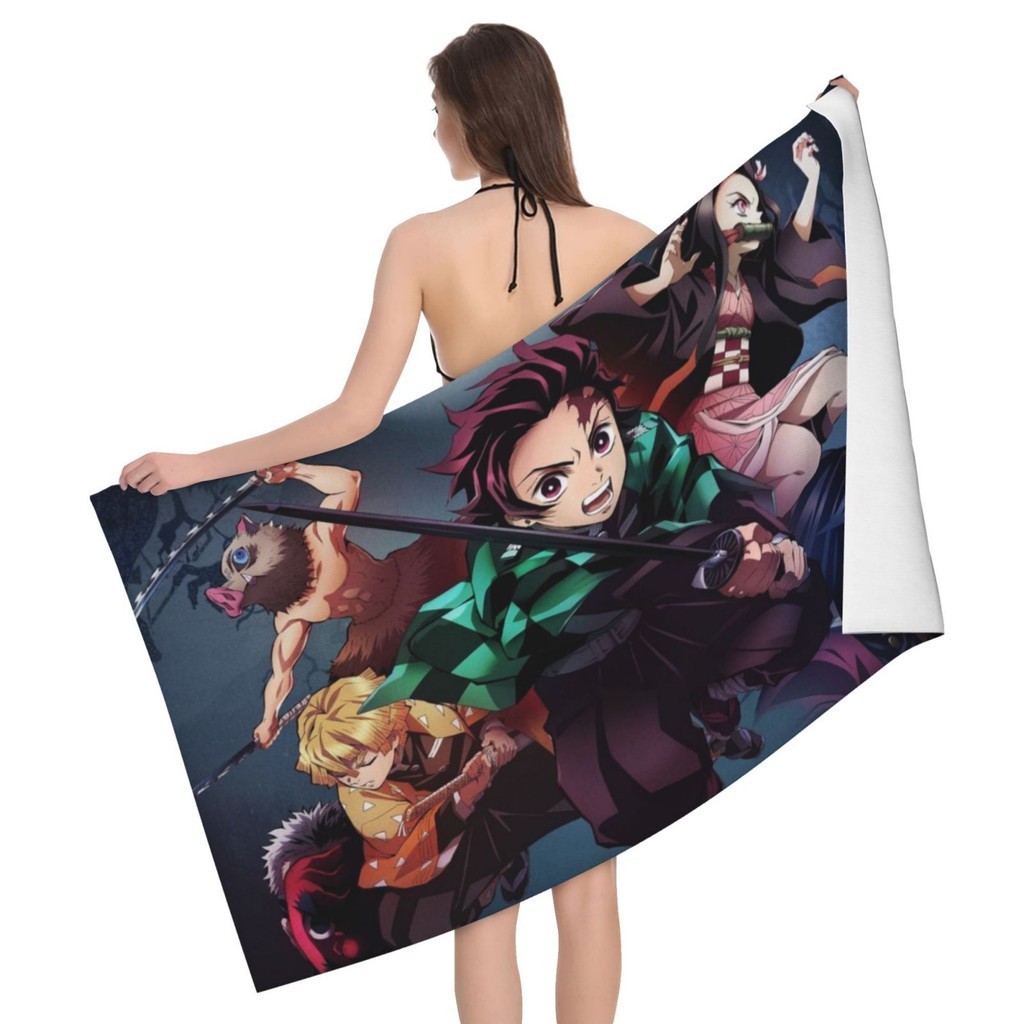 Demon Slayer ผ้าเช็ดตัวไมโครไฟเบอร์การ์ตูนผ้าเช็ดตัวชายหาดผ้าขนหนูดูดซับสูง, สระว่ายน้ําของขวัญท่องเที่ยว 140x70 ซม./55.1x27.5 นิ้ว