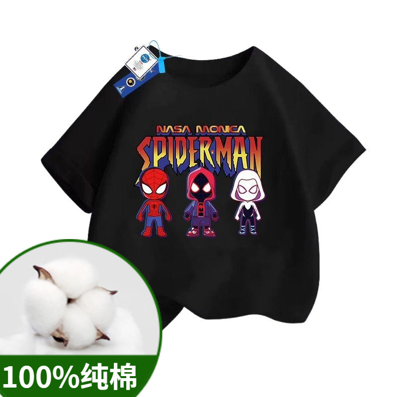 ผ้าฝ้าย 100% เสื้อยืดเด็ก Spider-Man เสื้อเด็กผ้าฝ้ายแท้ เสื้อผ้าเด็ก Spider-Man เสื้อผ้าเด็ก Marvel