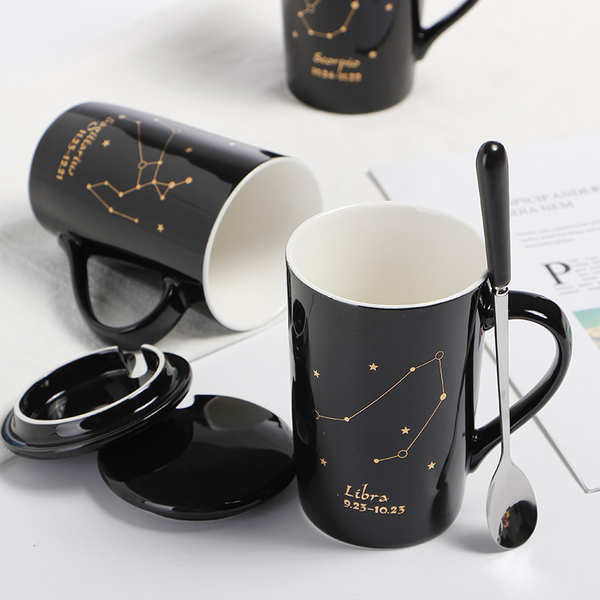 แก้วกาแฟ แก้วกาแฟดํา ใหม่ Bone China Creative Constellation แก้วเซรามิคพร้อมฝาปิดช้อนถ้วยนมคู่สํานัก