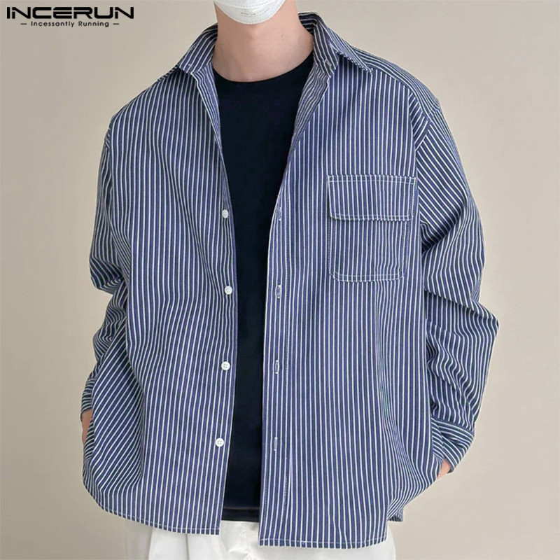 Incerun ผู้ชายเกาหลี Commute Casual Turn-Down-Collar เสื้อแขนยาวลายทาง ราคา ถูกที่สุด ดีลบีเคเค แกลเลอรีภาพที่ 4