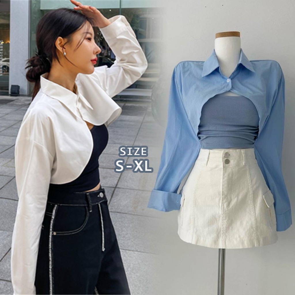 KOKO#เสื้อเชิ้ตแขนยาว ทรงสั้น สีฟ้า ใส่ได้หลายโอกาส  สามารถใส่คู่กับเสื้อกั๊กได้ สไตล์ลำลอง#W558