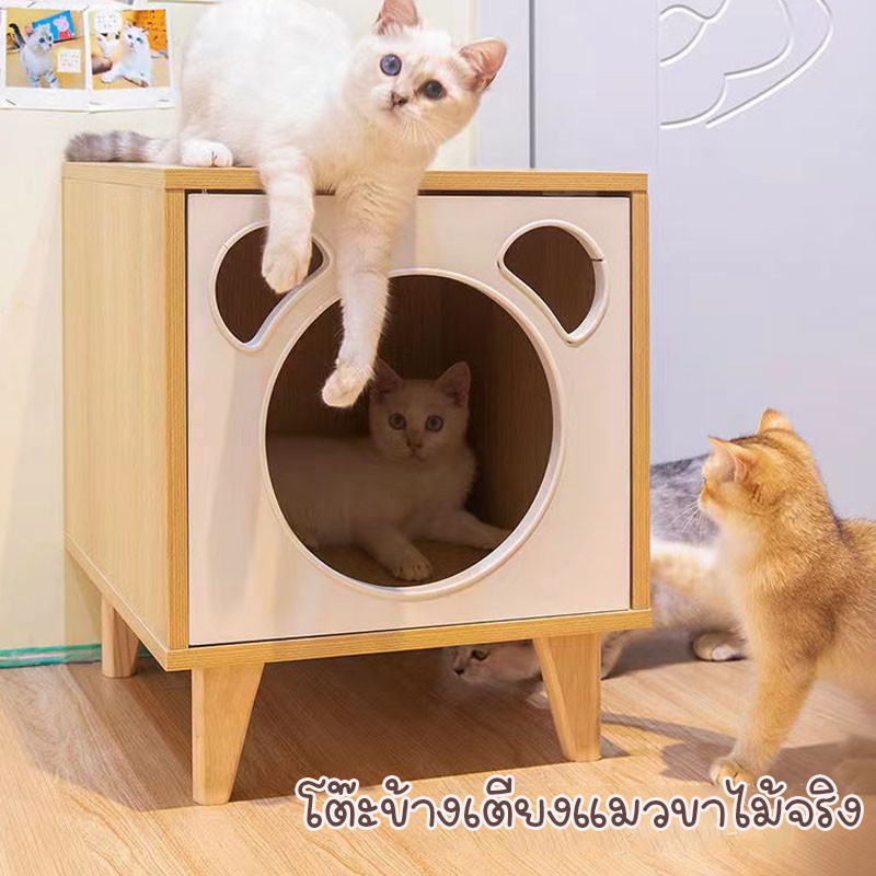 บ้านแมวไม้ โต๊ะข้างเตียง 2in1 ไม้ธรรมชาติ แข็งแรง ปลอดภัย ใช้ได้ทุกฤดู (แมว/เฟอร์นิเจอร์)