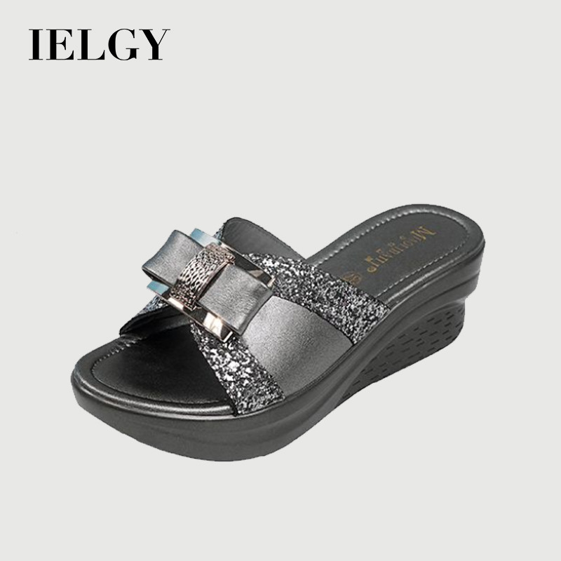 IELGY รองเท้าแตะแพลตฟอร์มมัฟฟิน พลอยเทียม แฟชั่นฤดูร้อนสีทองใหม่สําหรับผู้หญิง